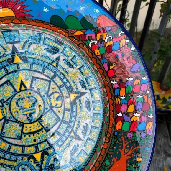 Mexican Folk Art Plate Terracotta Pottery Wall Hanging Hand Painted 16” - Picture 2 of 16